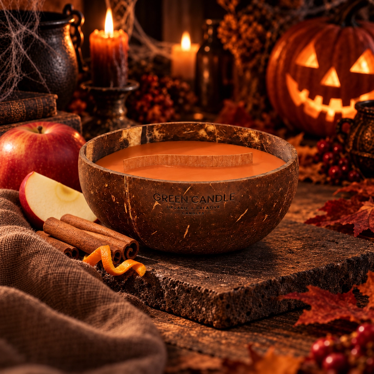 Boszorkány almáspitéje – GREEN CANDLE Halloween kókuszhéjas szójagyertya, mély borostyánnarancs viasszal és fakanóccal